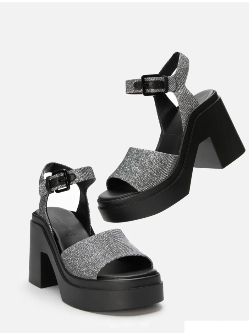 Robert Clergerie Silver Glitter Platform Sandals with Black Chunky Heel